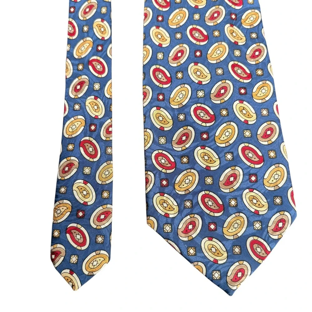Stafford 100% Silk Tie‎ Made in Italy Blue Red Yellow Geometric Pattern